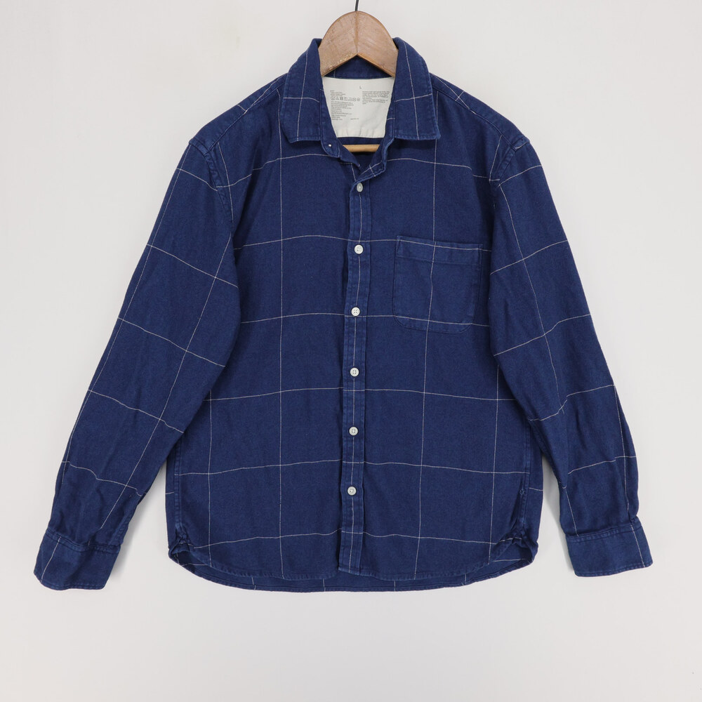 Muji Shirt Mens L Blue Grid Flannel Button Up Long Sleeve Pocket